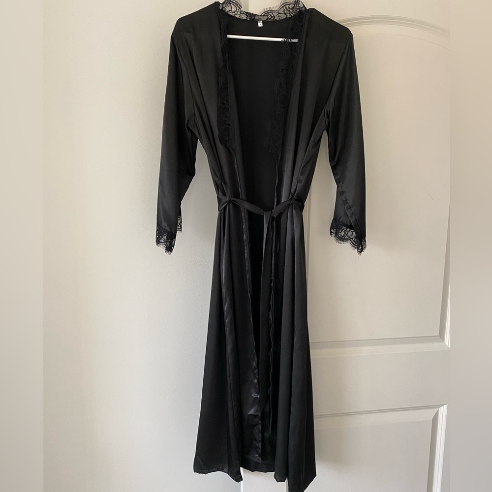 Black Satin Robe with Lace Details